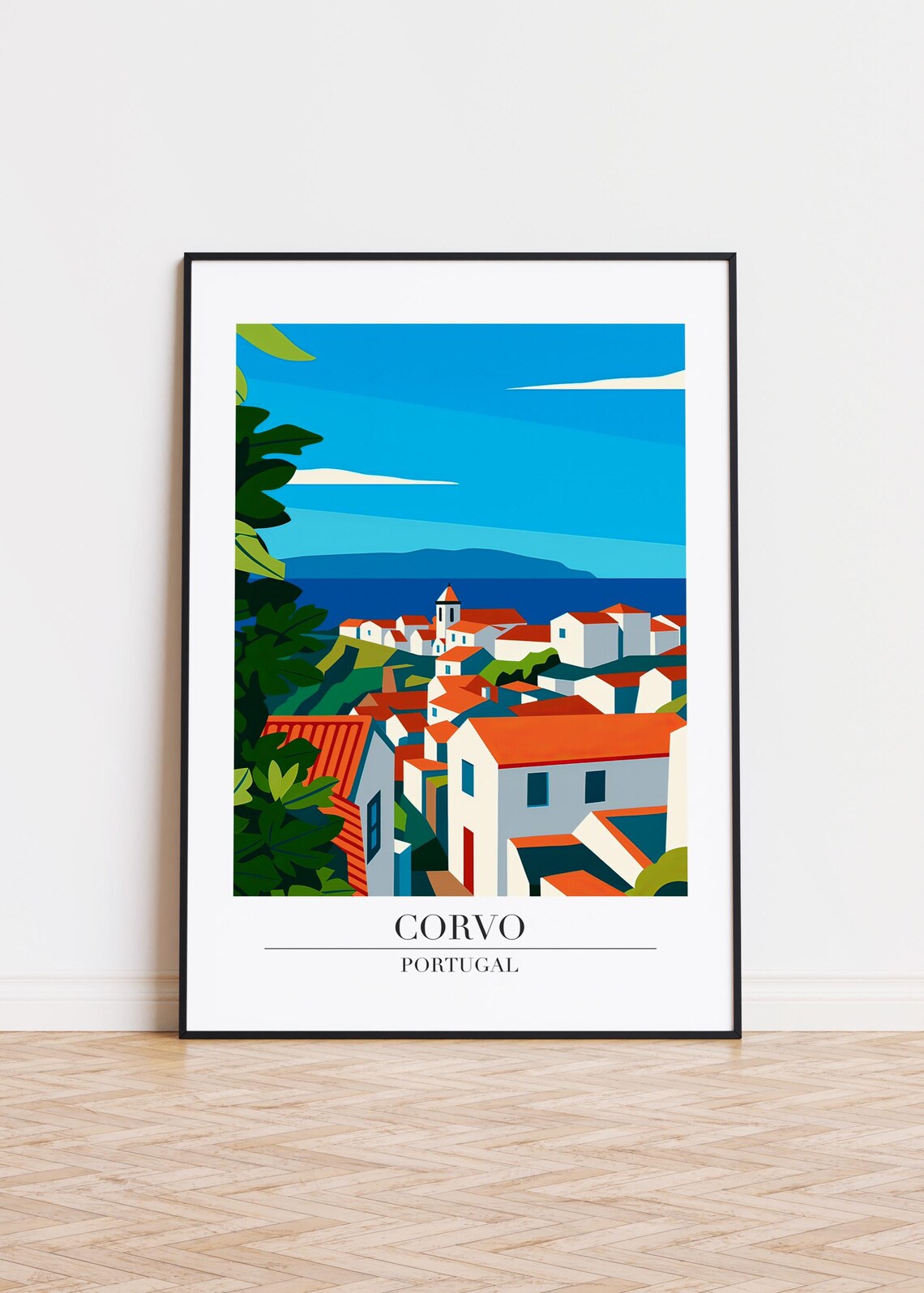 Corvo Portugal Whitewashed Village Red Roofs Atlantic View Travel Poster