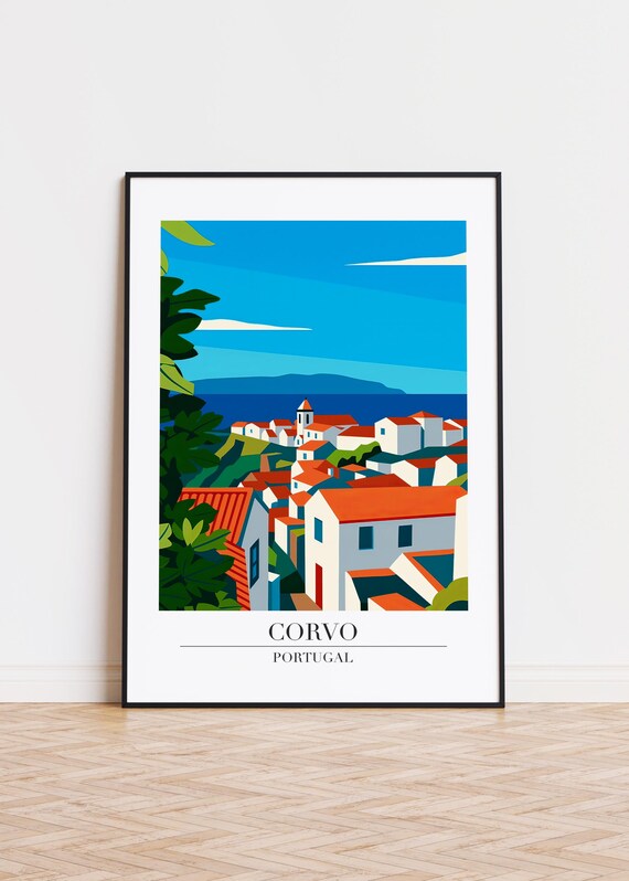 Corvo Portugal Whitewashed Village Red Roofs Atlantic View Travel Poster