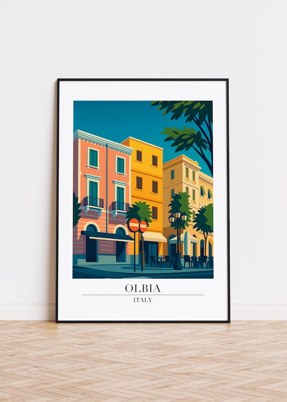Olbia Italy Mediterranean Street Pastel Buildings Cafe Travel Poster