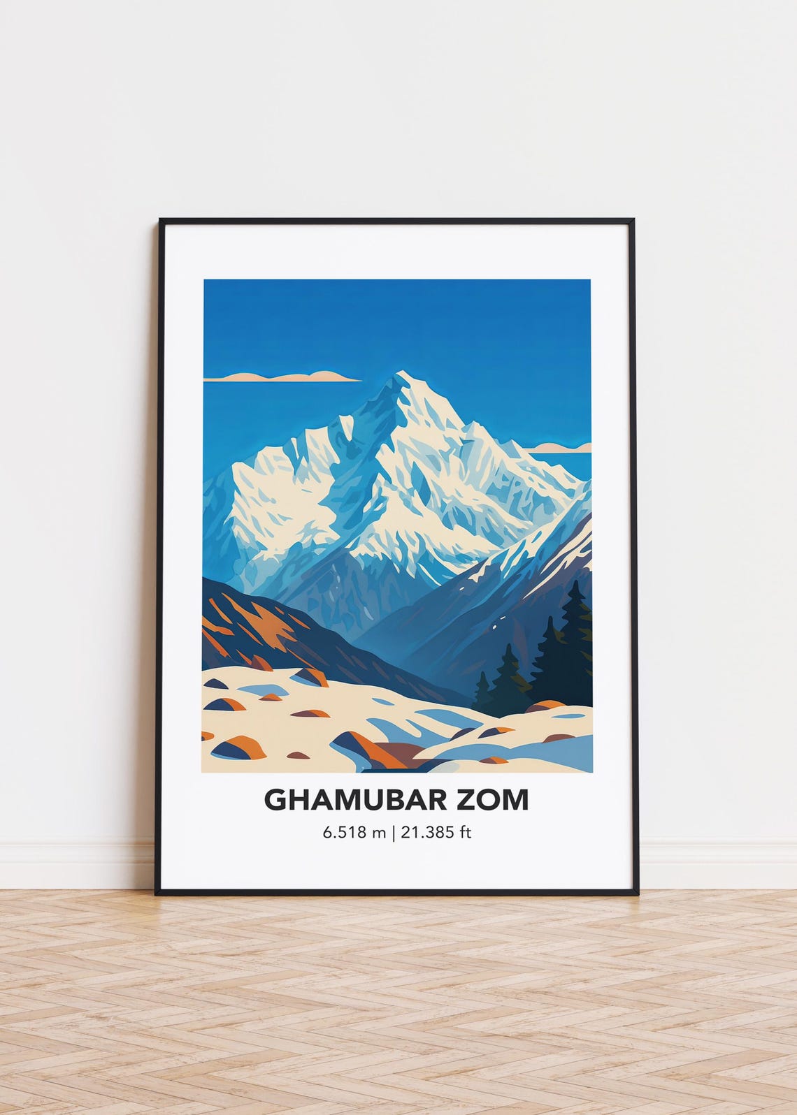 Ghamubar Zom Snowy Peak Alpine Winter Sunset Modern Travel Poster