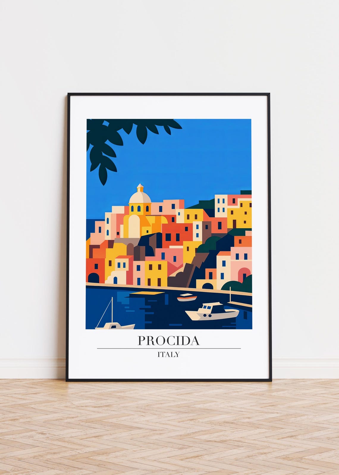 Procida Italy Colorful Hilltop Town Harbor View Travel Poster