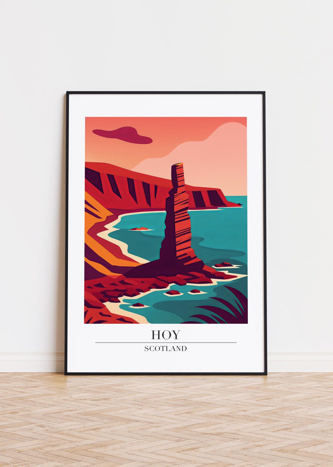 Hoy Scotland Dramatic Red Sea Stack Coastal Cliffs Travel Poster
