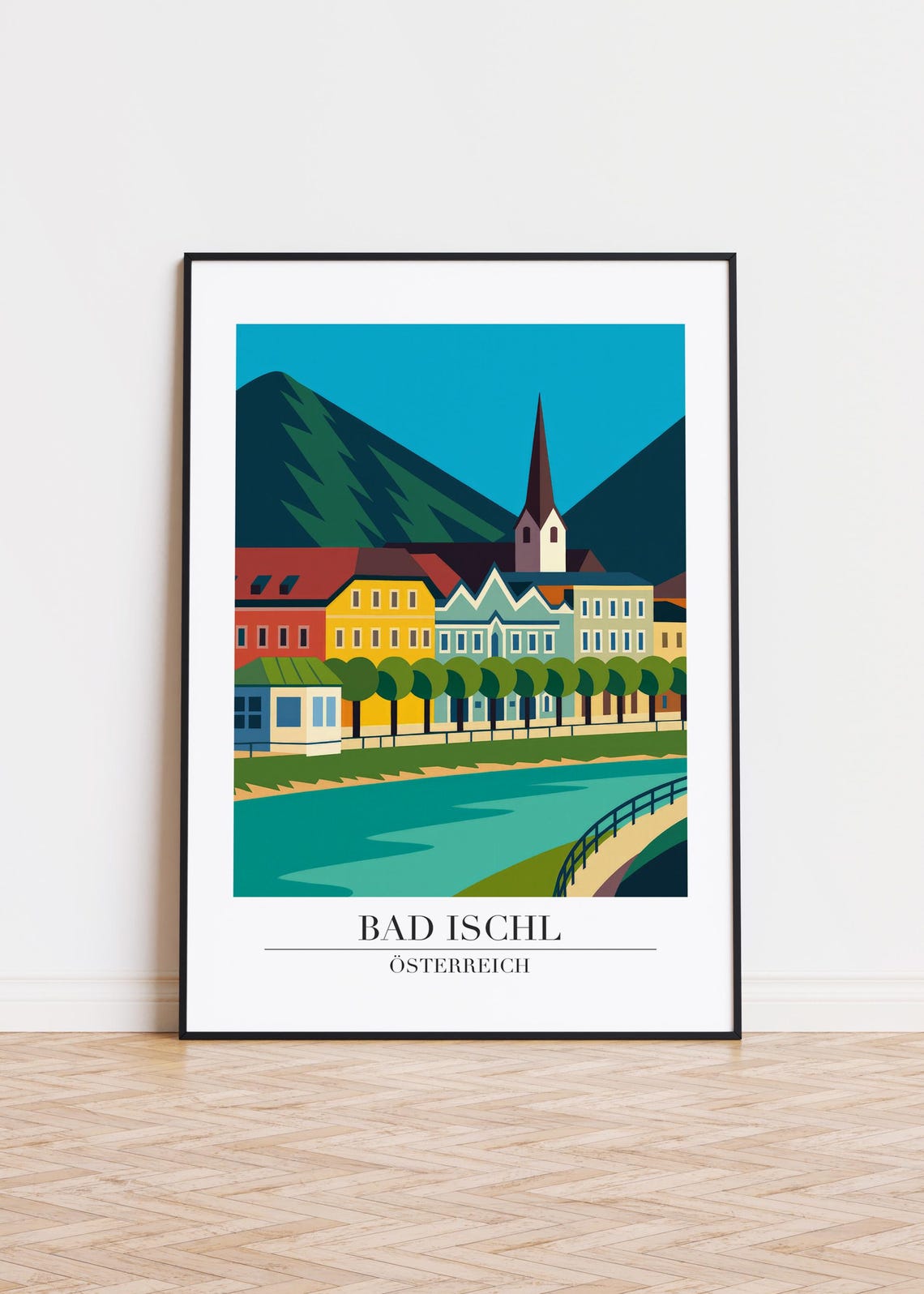 Bad Ischl Austria Riverside Old Town Modern Illustration Poster