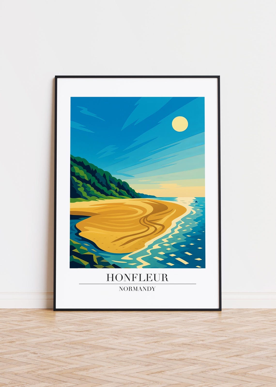 Honfleur Normandy Golden Beach Cliffs Retro Travel Illustration Poster