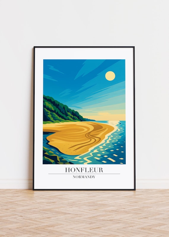Honfleur Normandy Golden Beach Cliffs Retro Travel Illustration Poster