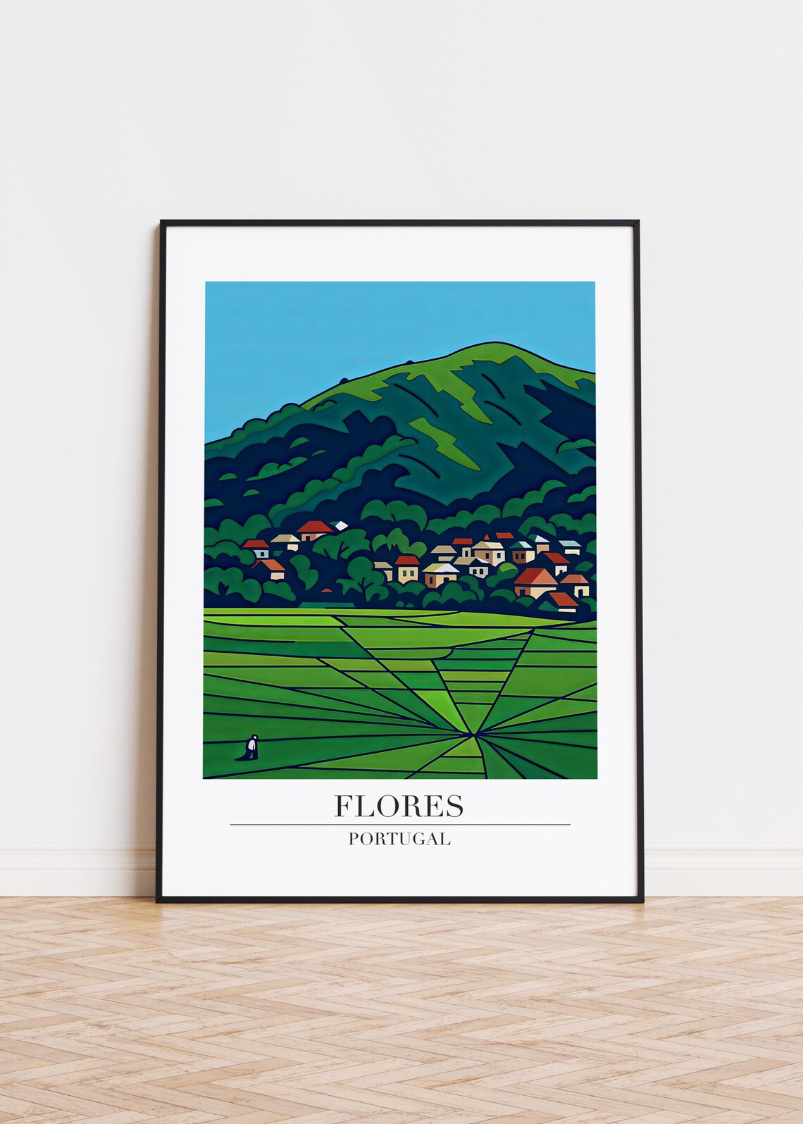 Flores Portugal Green Fields Village Mountain Geometric Travel Poster