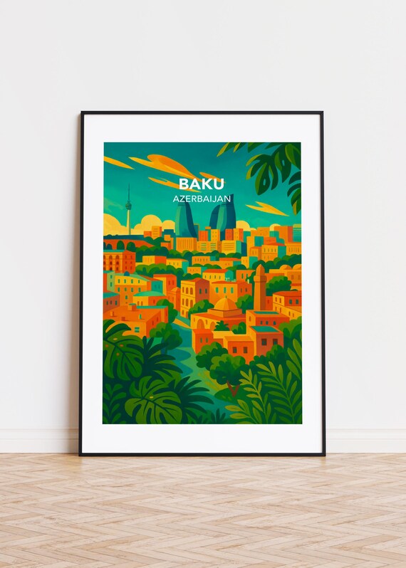 Baku Azerbaijan Flame Towers Old City Skyline Panoramic View Poster