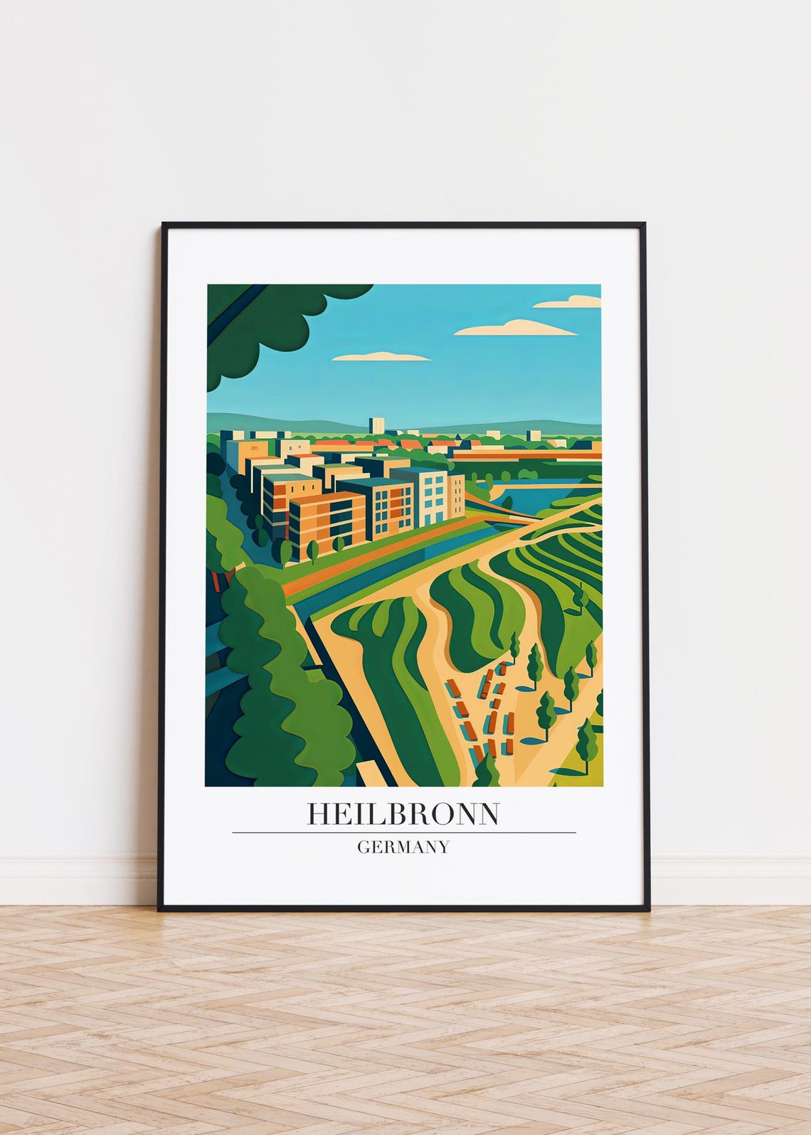 Heilbronn Germany City View Poster Green Riverside Park Travel Art