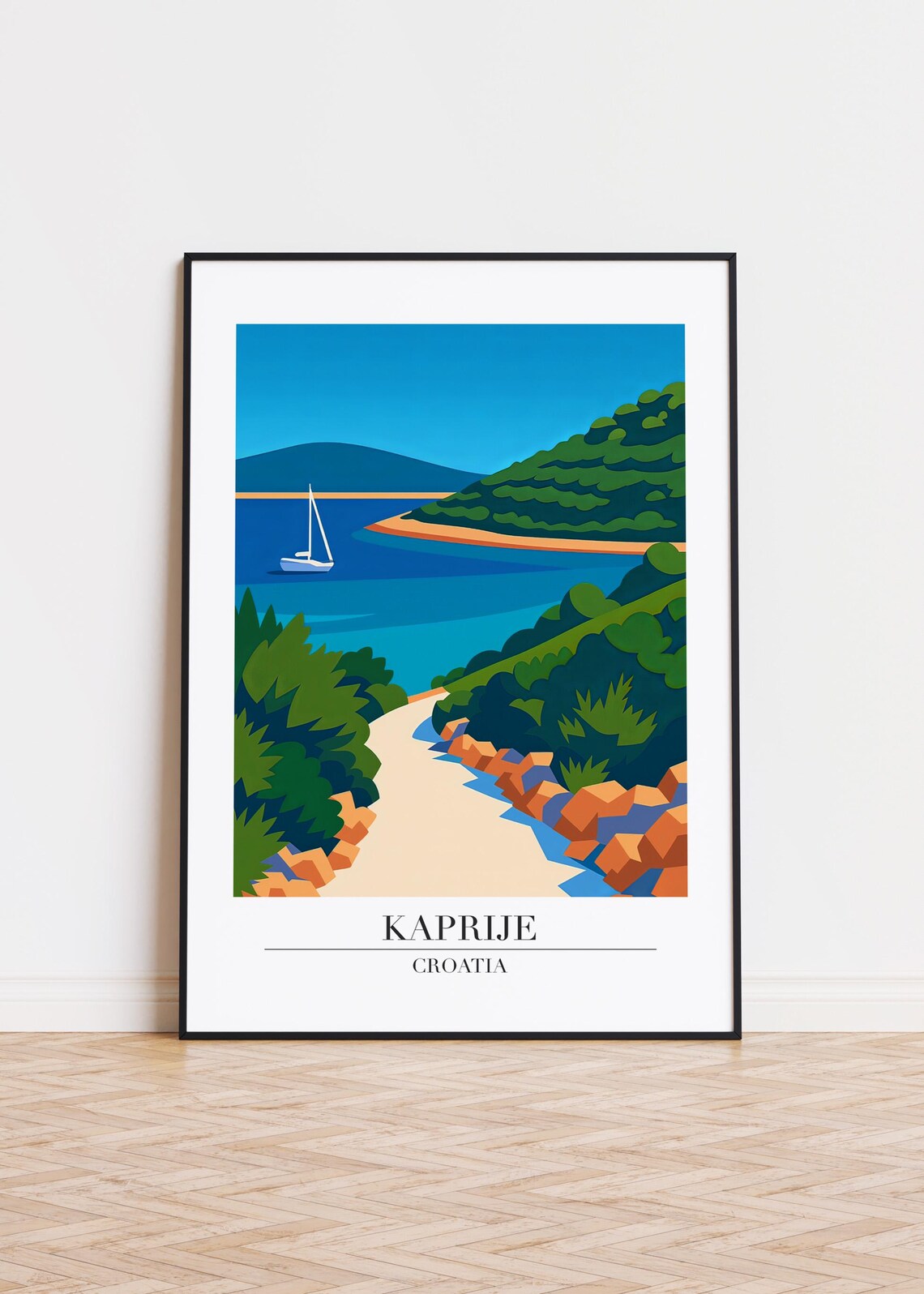 Kaprije Croatia Sailboat Bay Sandy Cove Coast Retro Travel Poster