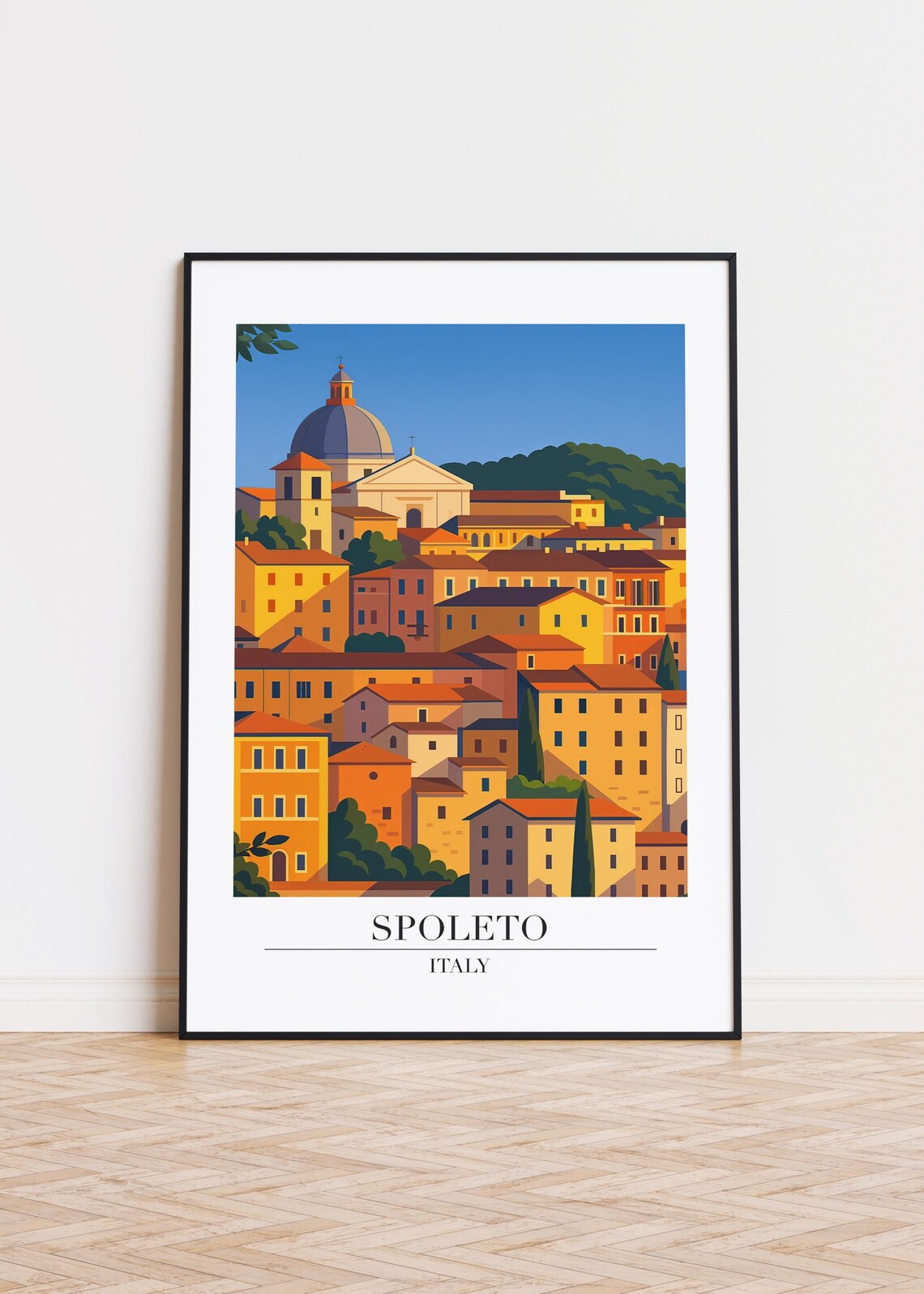 Spoleto Italy Hillside Town Panorama Vintage Style Travel Poster