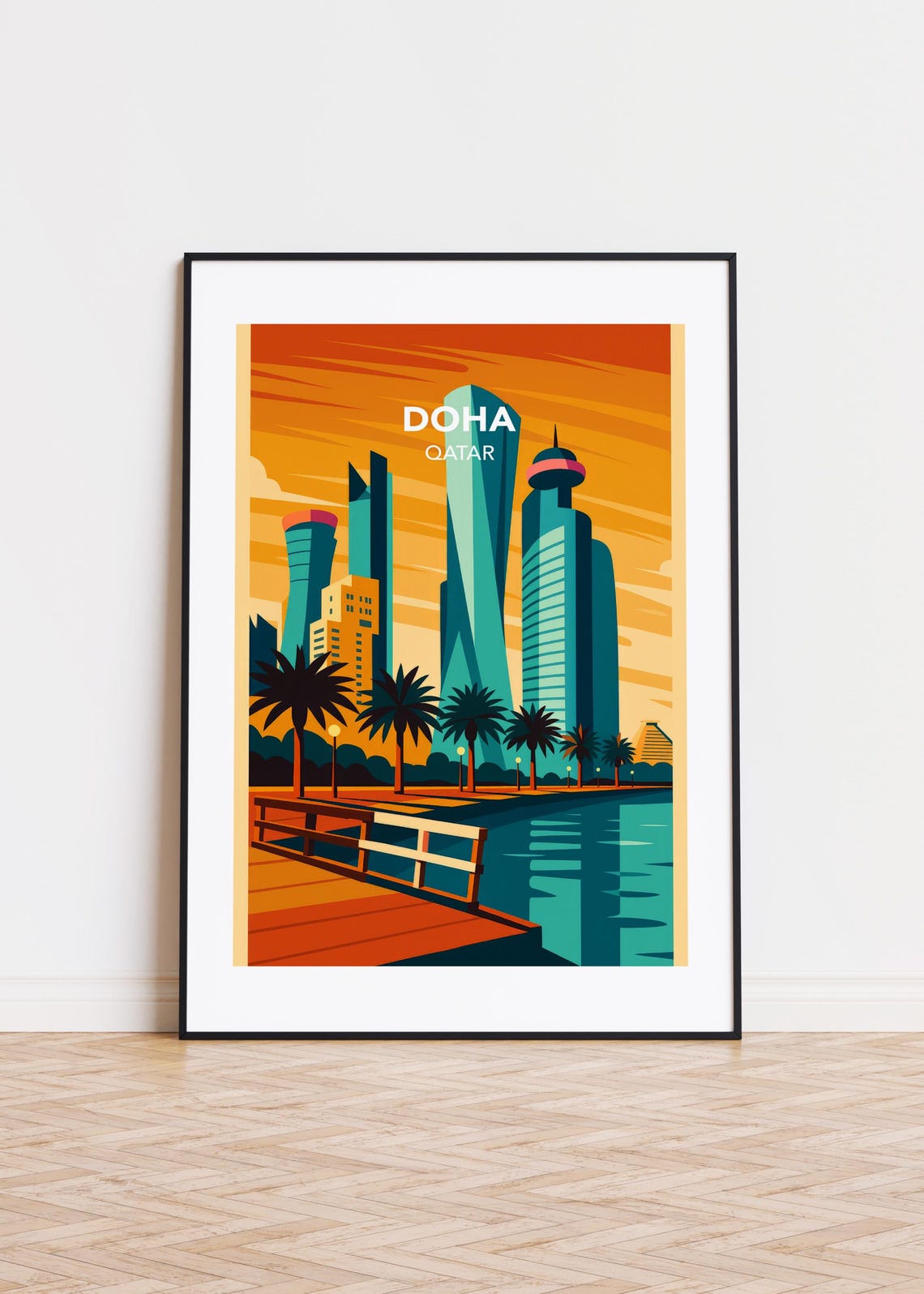 Doha Qatar Sunset Skyline Skyscrapers Palm Waterfront Art Poster