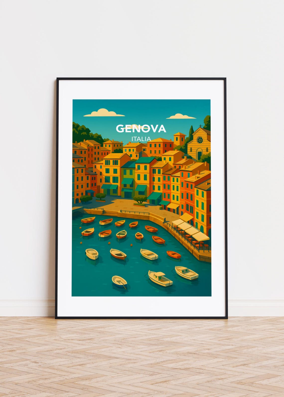Genova Italy Colorful Fishing Harbor Boats Retro Travel Art Poster