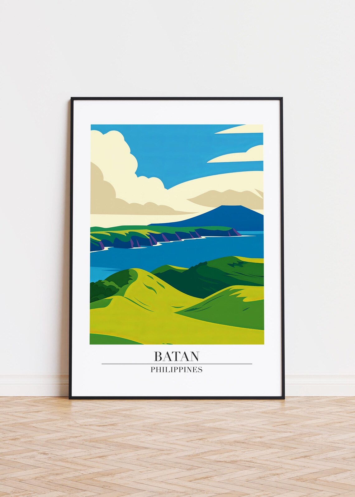 Batan Philippines Green Hills Coastline Mountain Minimalist Travel Art Poster
