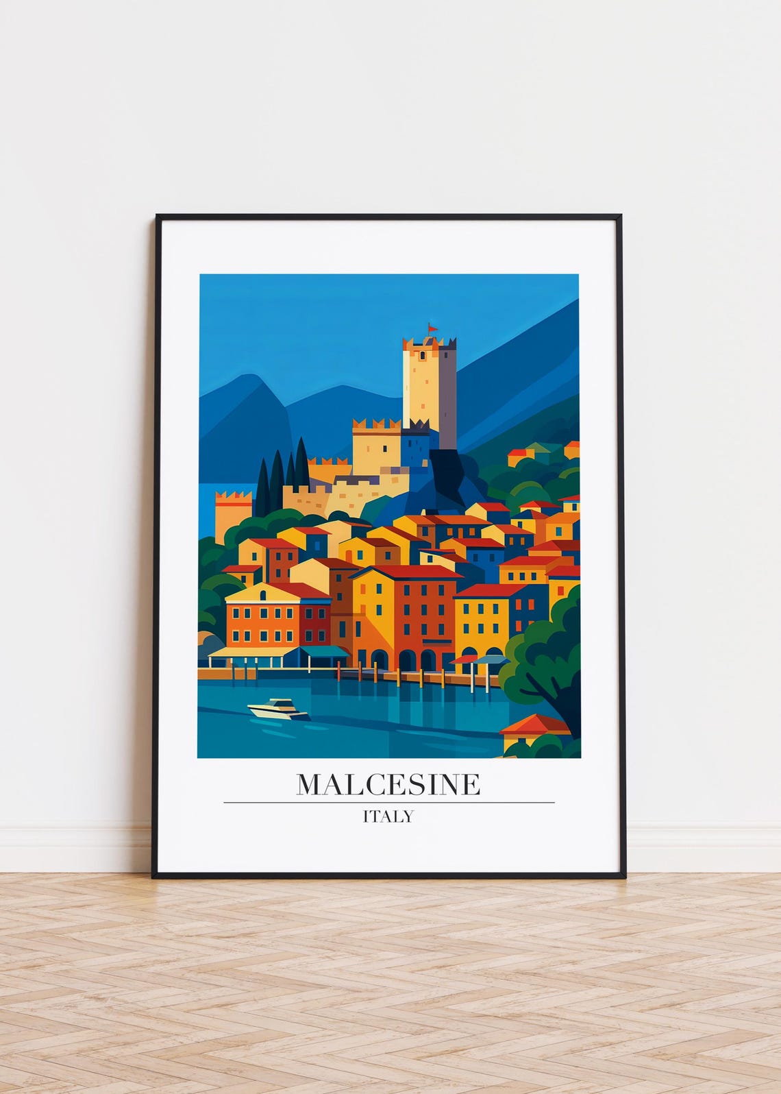 Malcesine Italy Old Town Travel Poster Colorful Lake Garda View