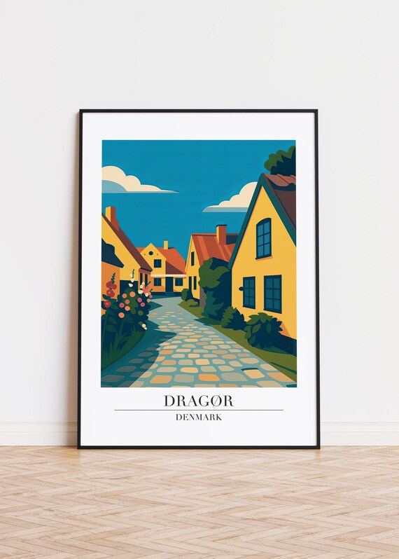 Dragør Denmark Cobblestone Street Yellow Houses Modern Travel Poster