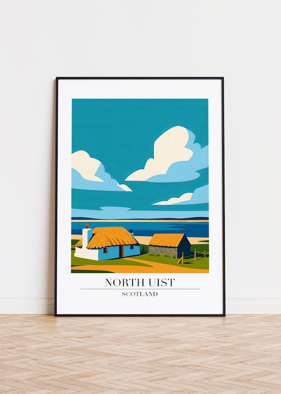 North Uist Scotland Thatched Cottages By The Sea Travel Poster