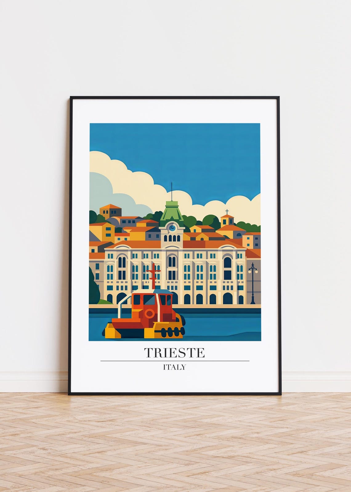 Trieste Italy Waterfront Illustration Red Boat Travel Poster