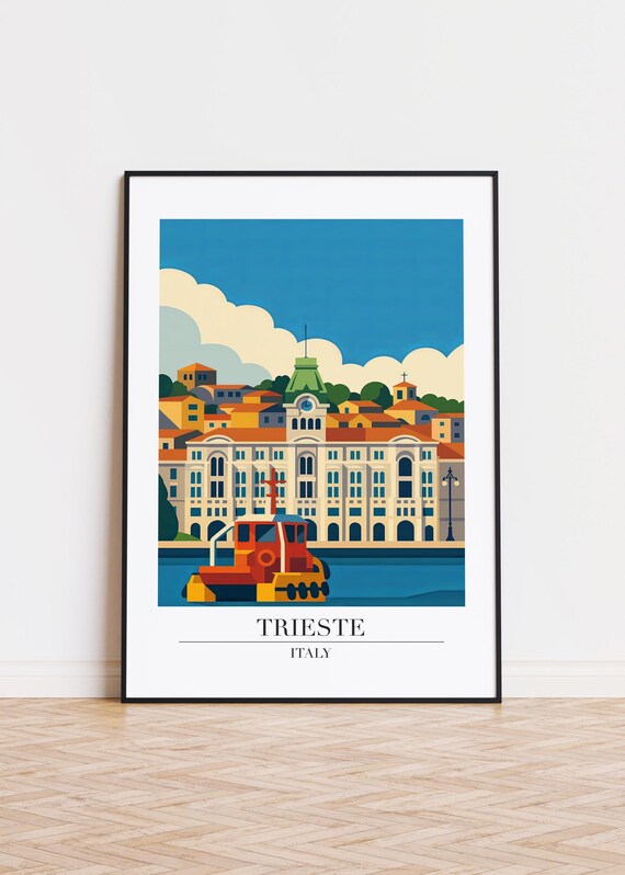 Trieste Italy Waterfront Illustration Red Boat Travel Poster