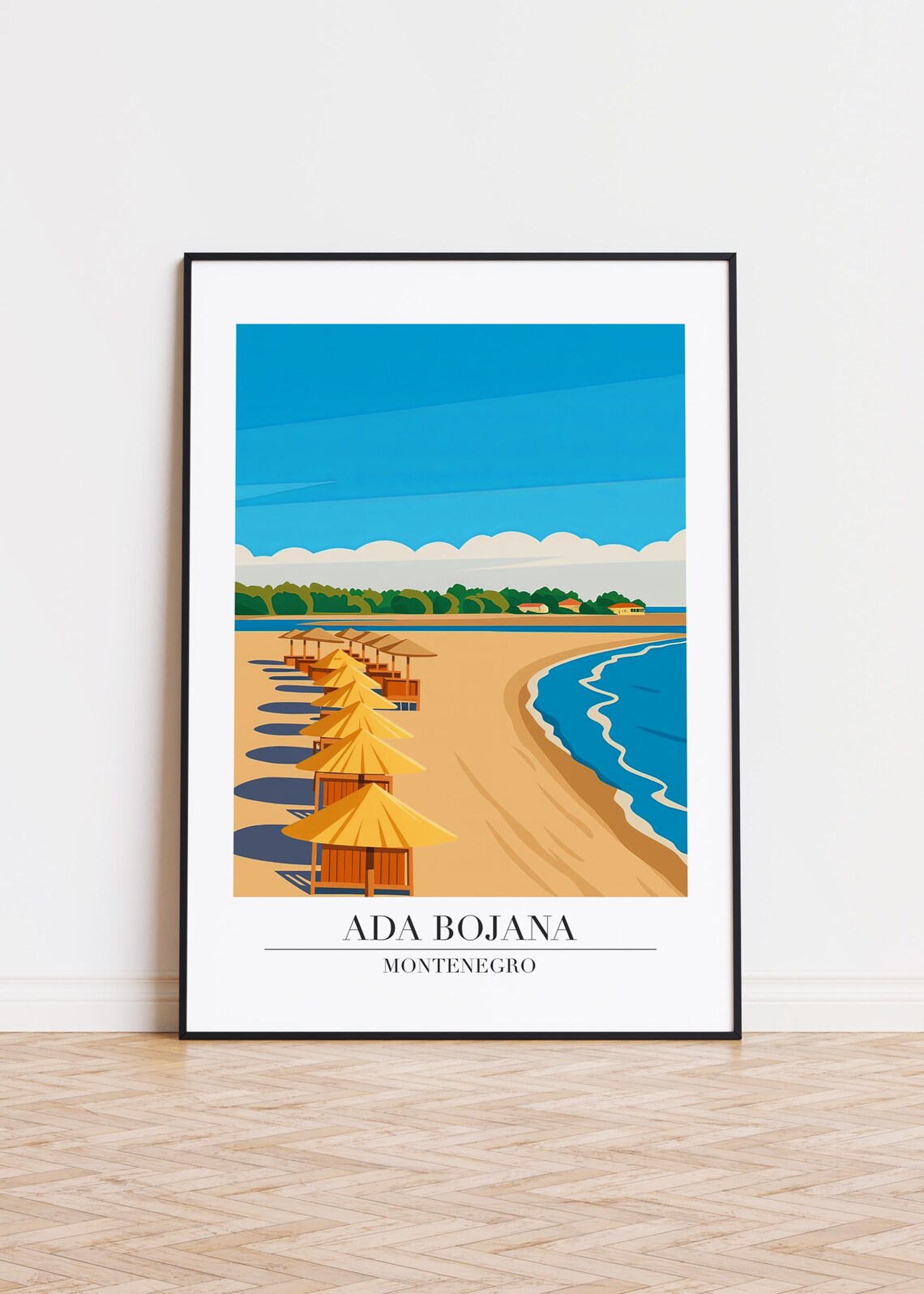 Ada Bojana Montenegro Golden Beach Umbrellas Retro Travel Poster