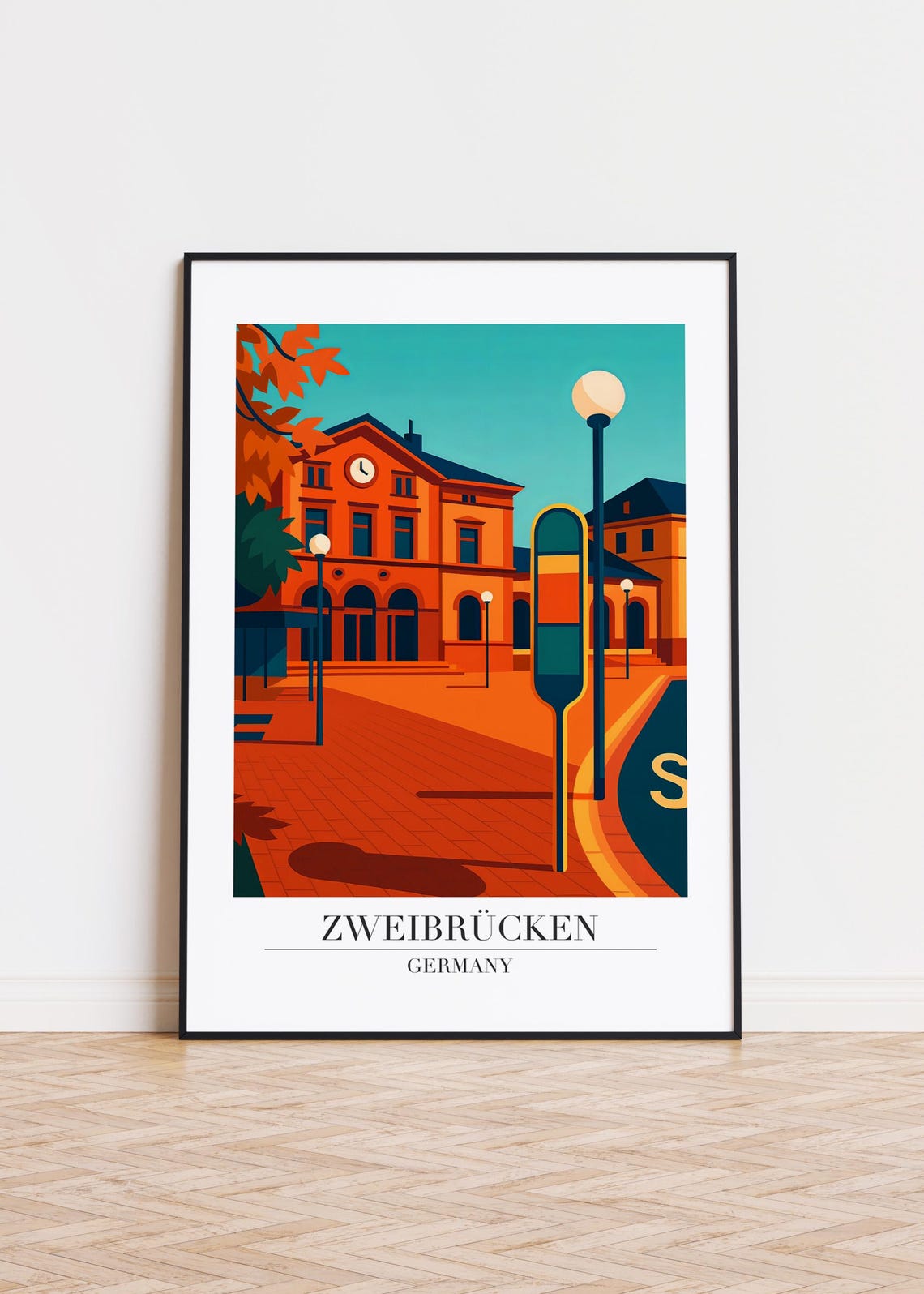 Zweibruecken Germany Orange Town Hall Square Retro Travel Poster