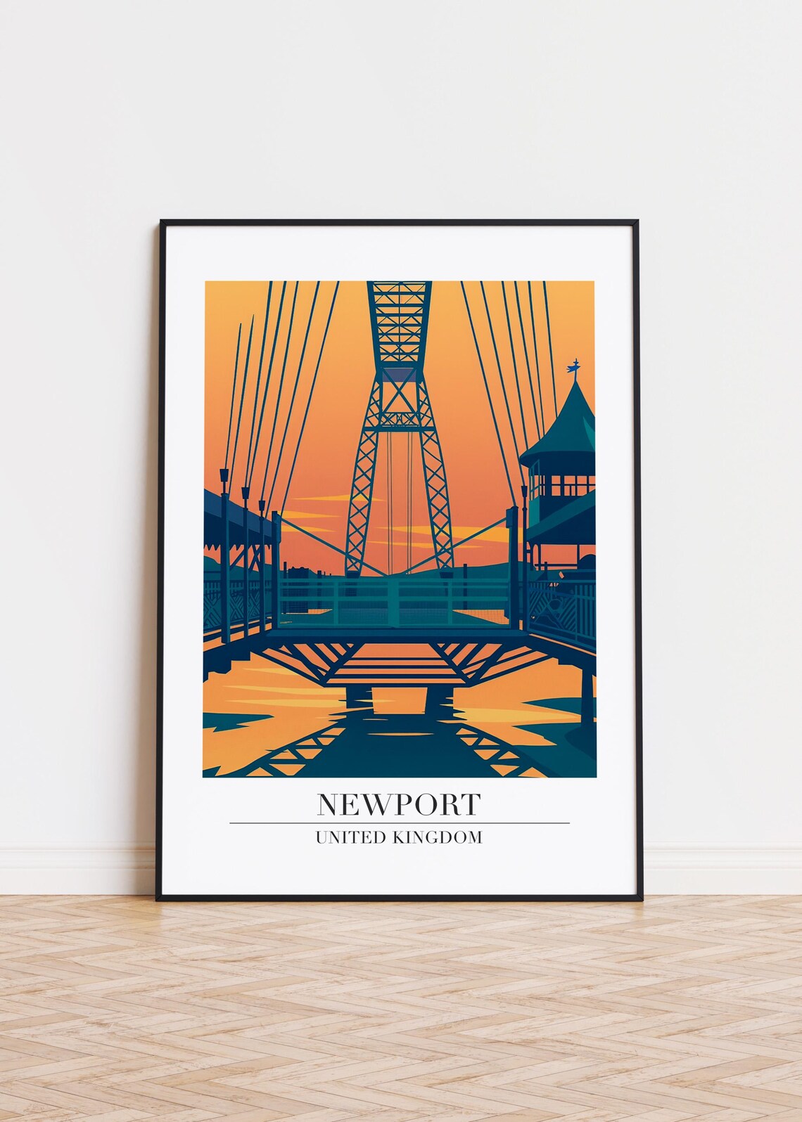 Newport Sunset Bridge Scene Silhouette Colorful Retro UK Travel Art Poster