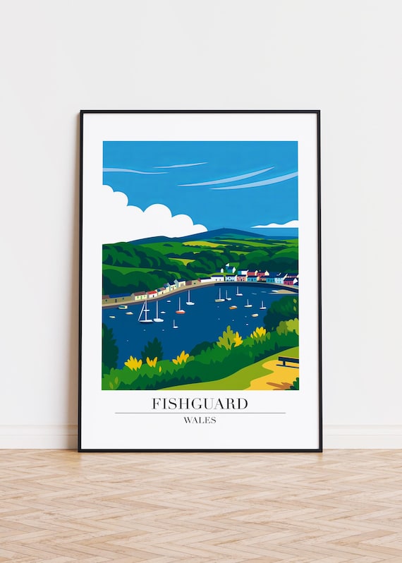 Fishguard Wales Harbor Boats Hills Modern Travel Illustration Poster