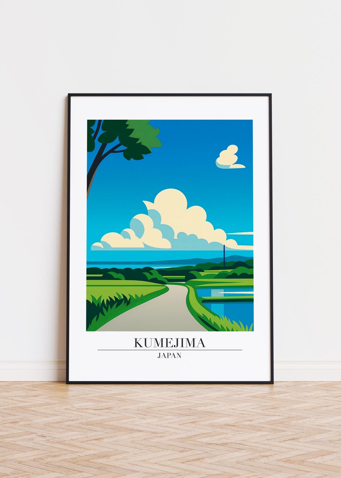 Kumejima Japan Winding Country Road Green Rice Fields Travel Poster