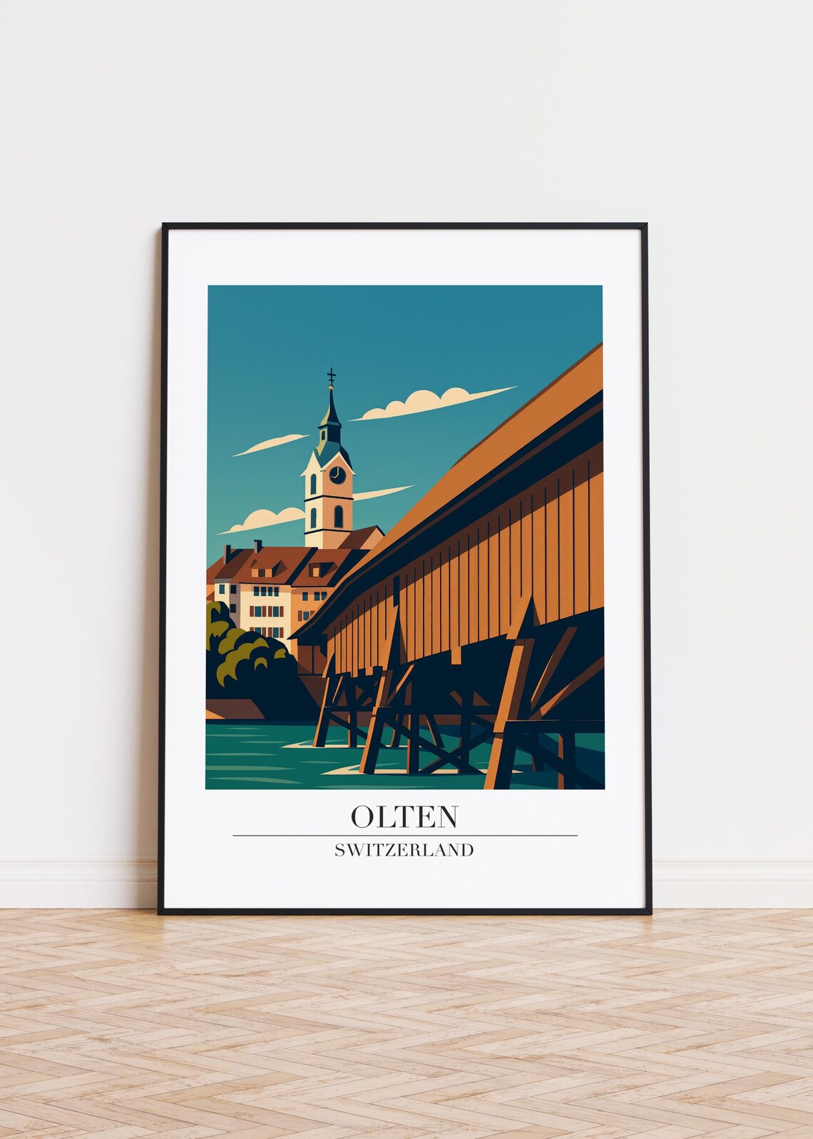 Olten Switzerland Wooden Covered Bridge Modern City Travel Poster