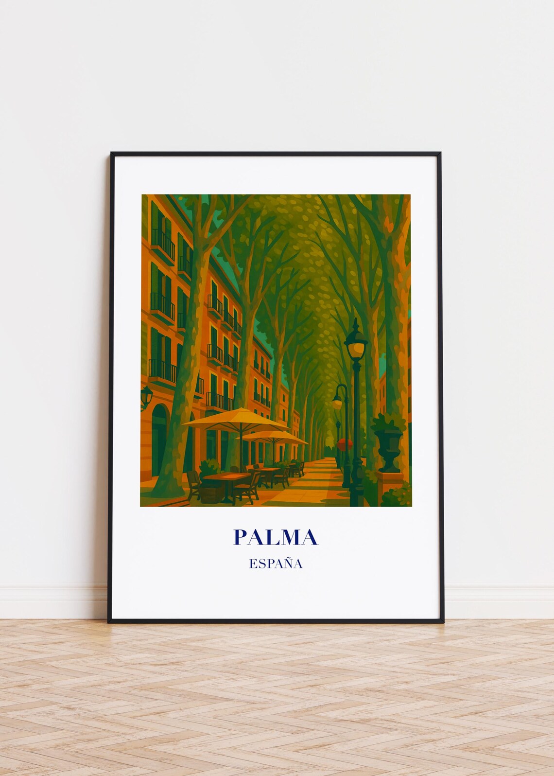 Palma España Golden Hour Tree Lined Promenade Illustrated Travel Poster