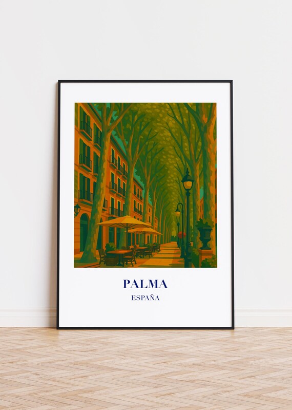 Palma España Golden Hour Tree Lined Promenade Illustrated Travel Poster