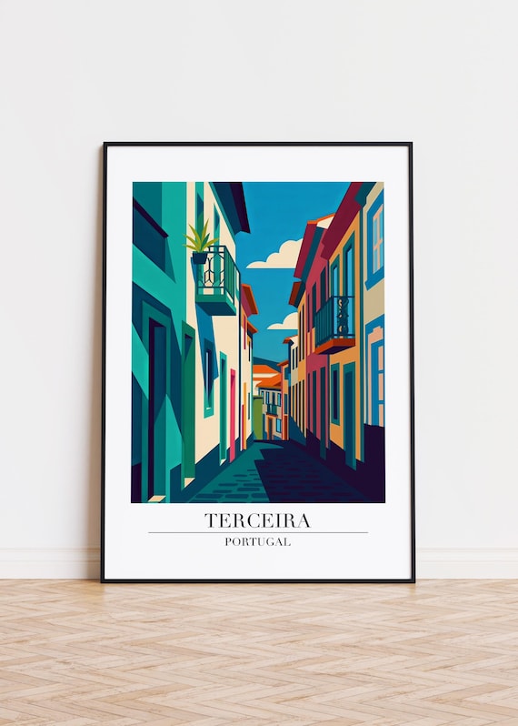 Terceira Portugal Colorful Old Town Street Balconies Minimalist Travel Art Poster