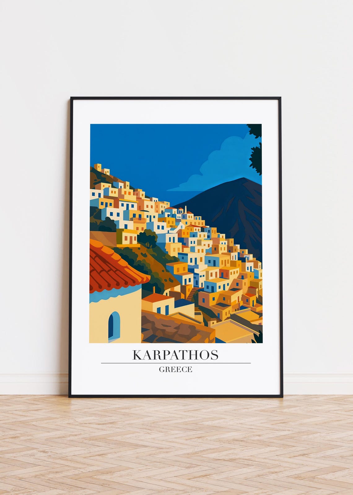 Karpathos Greece Dusk Village Against Mountain Travel Poster