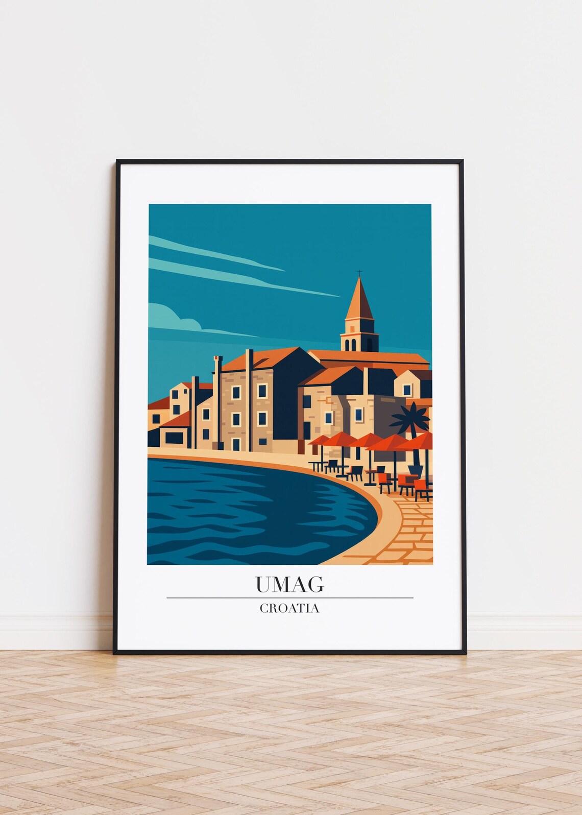 Umag Croatia Coastal Old Town Harbor Church Modern Travel Art Poster