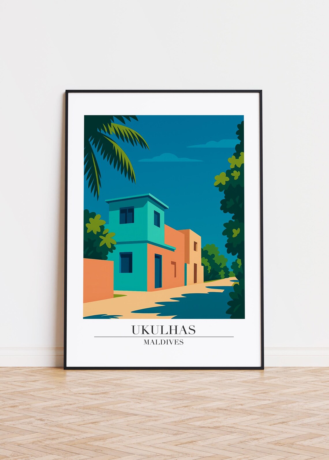 Ukulhas Maldives Colorful Island Street Scene Travel Art Poster