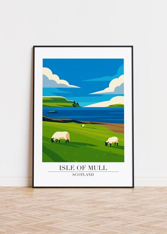 Isle of Mull Sheep Grazing Green Hills Coastal Scotland Travel Art Poster