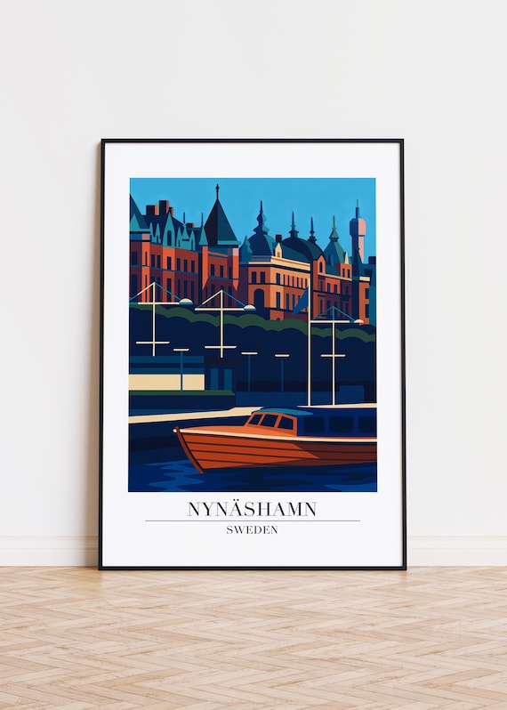 Nynäshamn Sweden Travel Poster Vintage Harbor Boat Rooftop Artwork