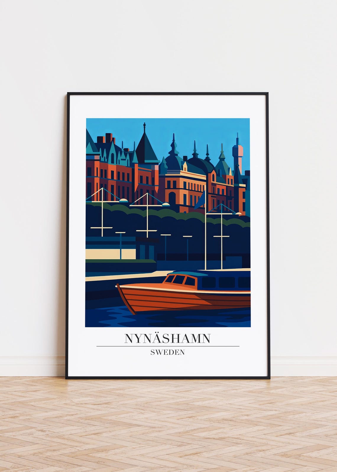Nynäshamn Sweden Travel Poster Vintage Harbor Boat Rooftop Artwork