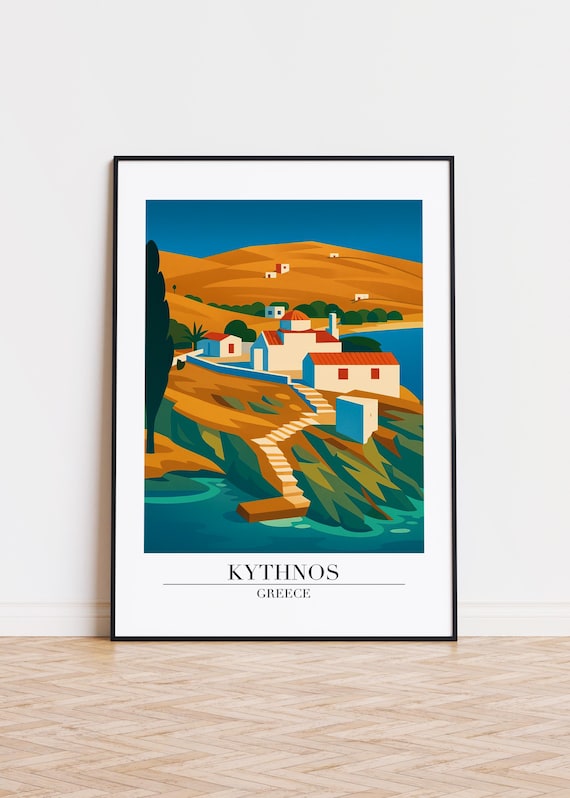 Kythnos Greece Red Dome Chapel Hills Sea Illustration Poster