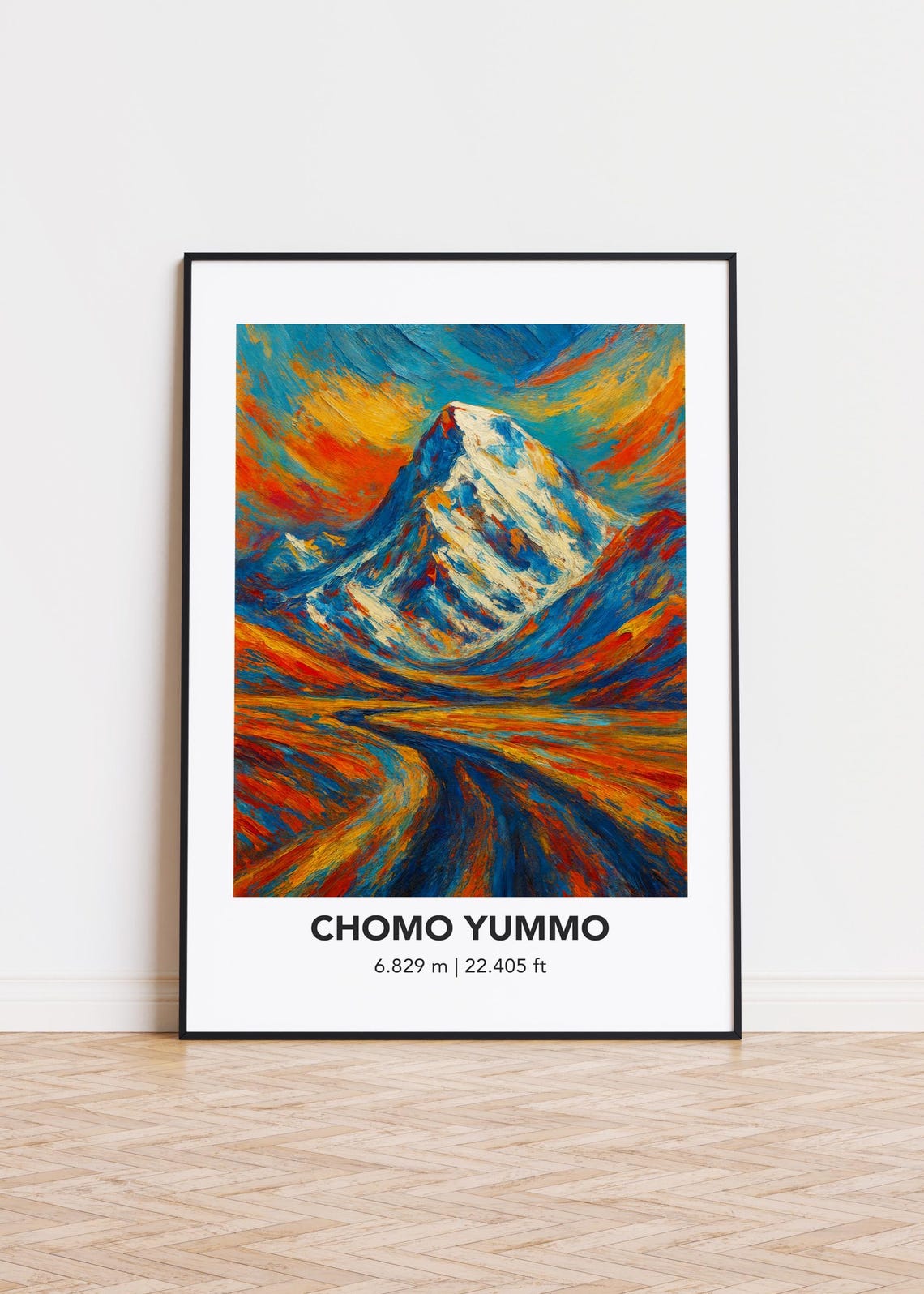 Chomo Yummo 6.829 m Snow Peak Sunrise Oil Painting Style Poster