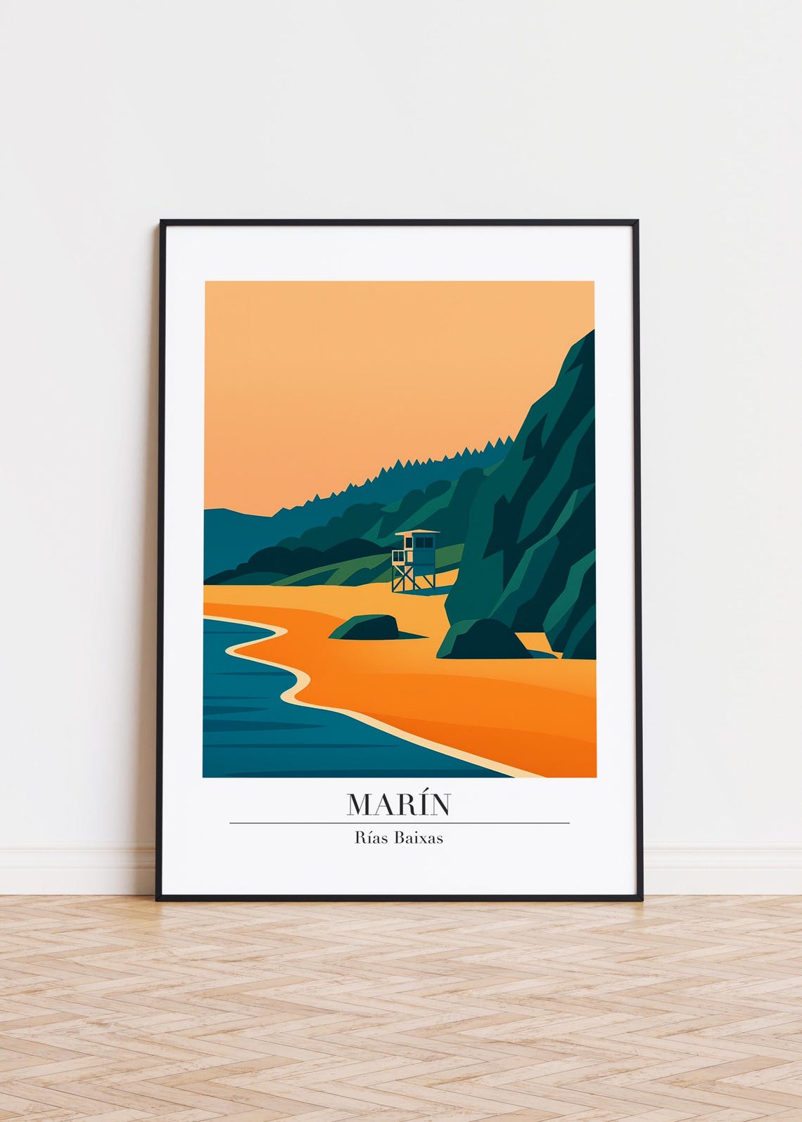 Marin Sunset Beach Lifeguard Tower Rias Baixas Retro Travel Poster