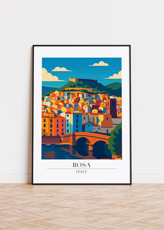 Bosa Italy Colorful Hillside Town Bridge Sardinia Vintage Travel Poster