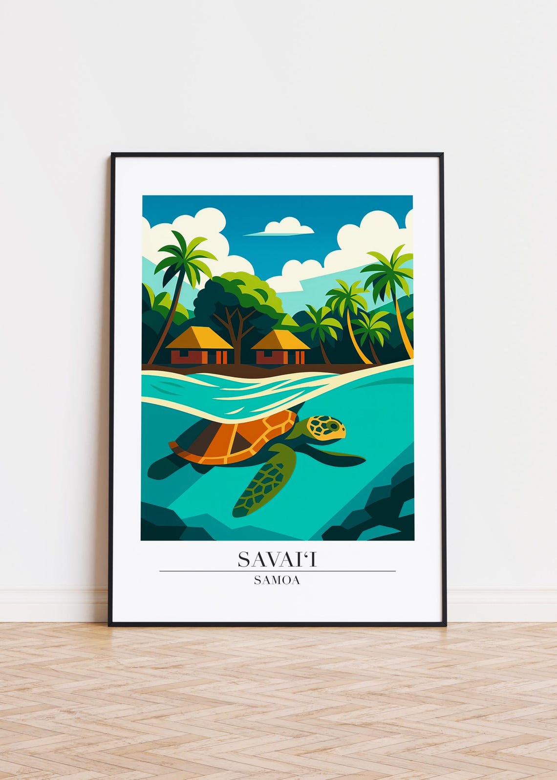 Savaii Samoa Sea Turtle Underwater Beach Palm Huts Travel Poster