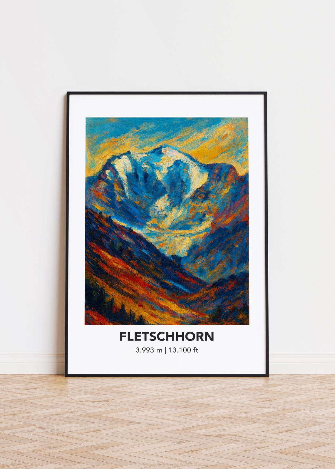 Fletschhorn Snowcapped Peak Golden Light Oil Painting Mountain Poster