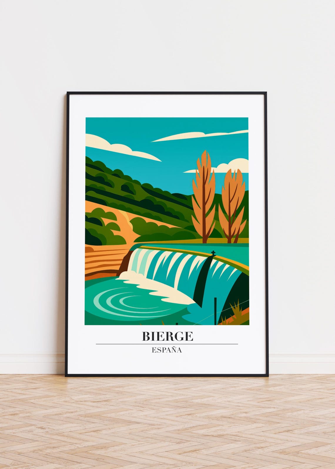 Bierge Spain River Waterfall Dam Vintage Illustration Poster