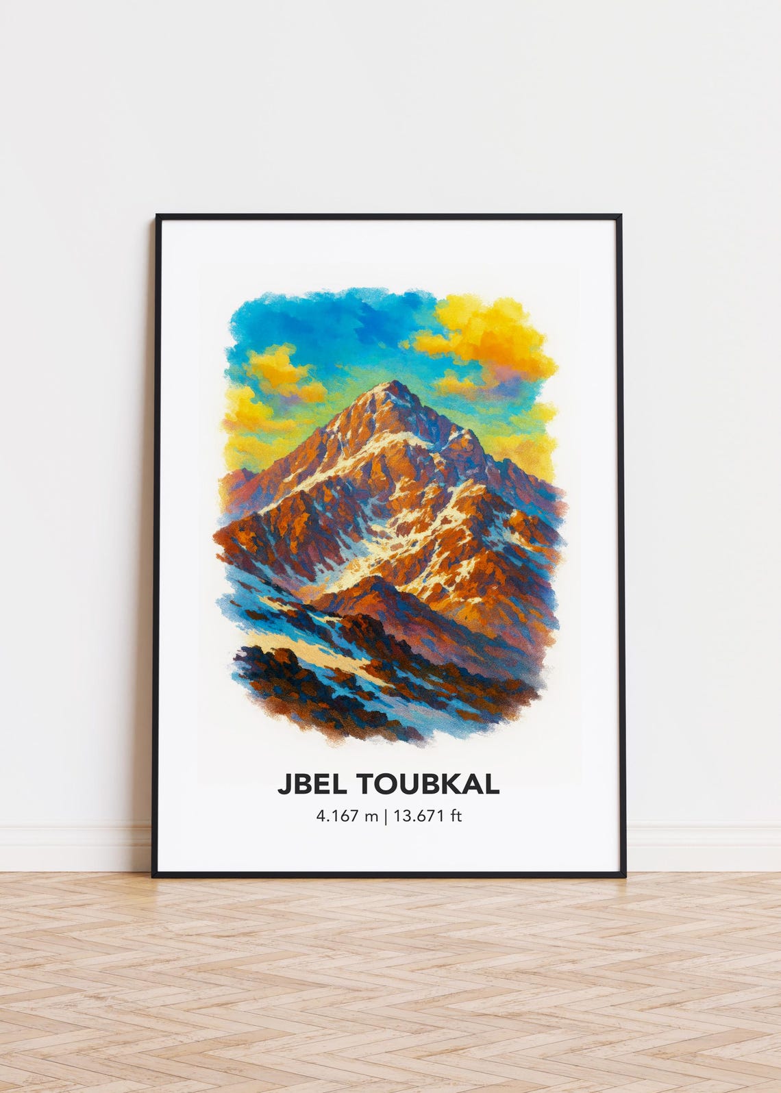Jbel Toubkal Golden Light Peak Watercolor Style Mountain Poster