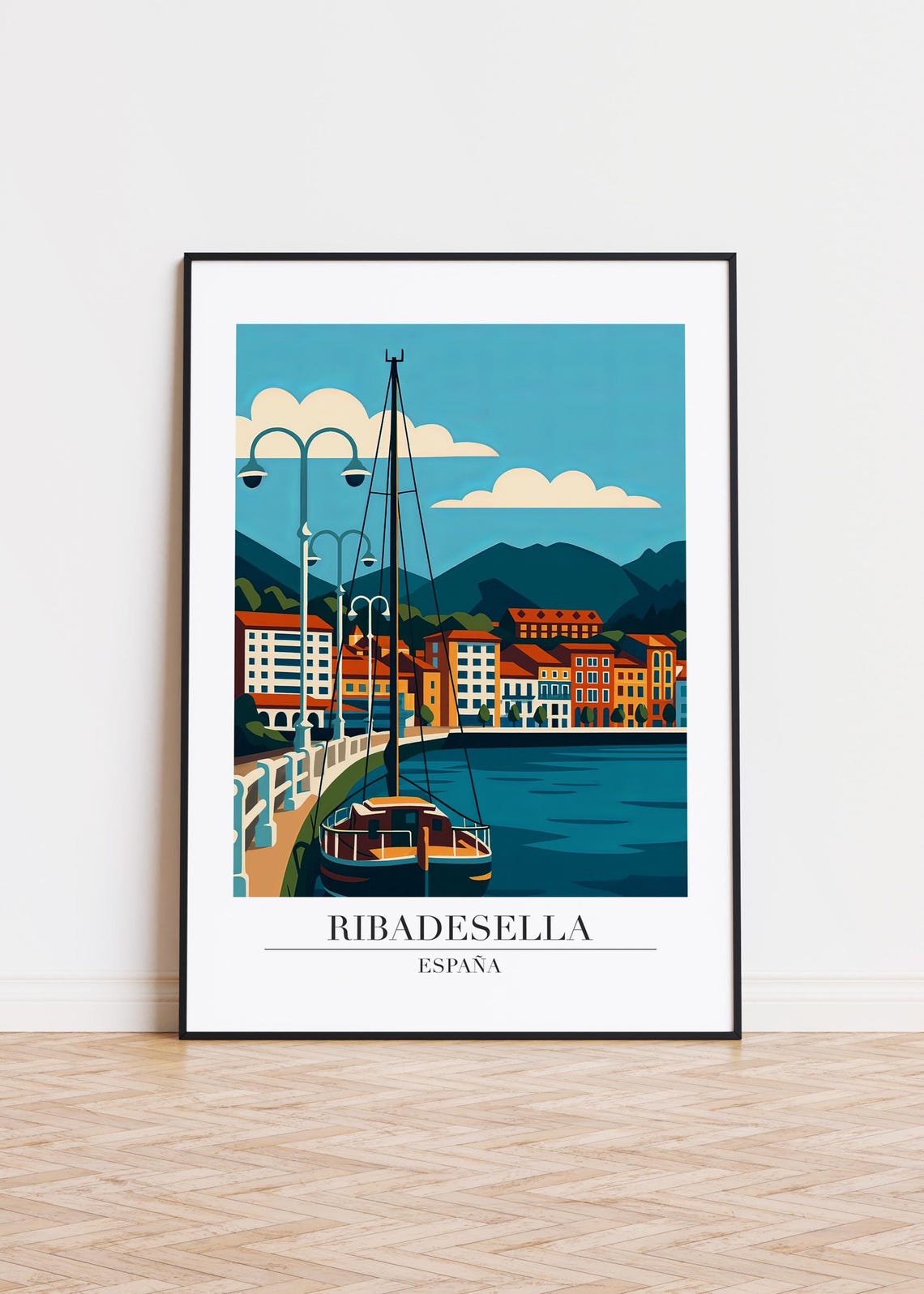 Ribadesella Spain Harbor Sailboat Scene Modern Travel Poster