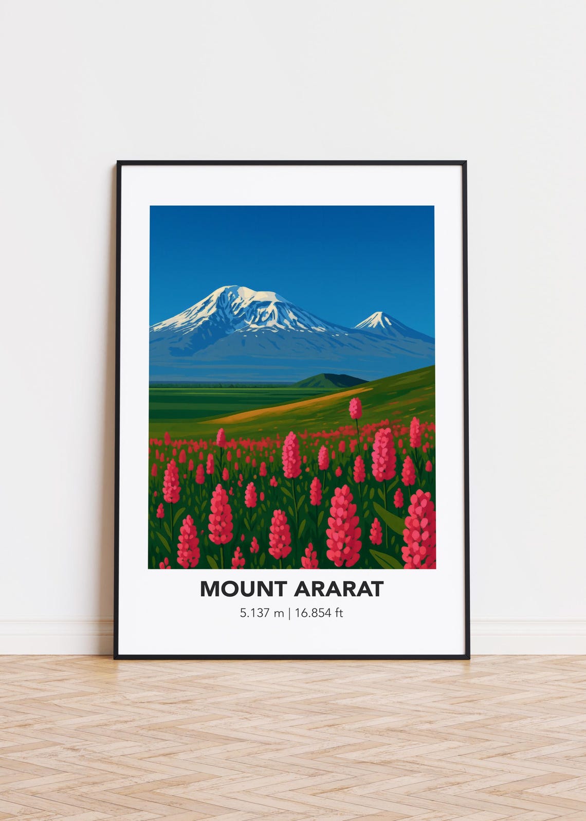 Mount Ararat Snowy Peak 5137 Meters Pink Flower Meadow Art Poster