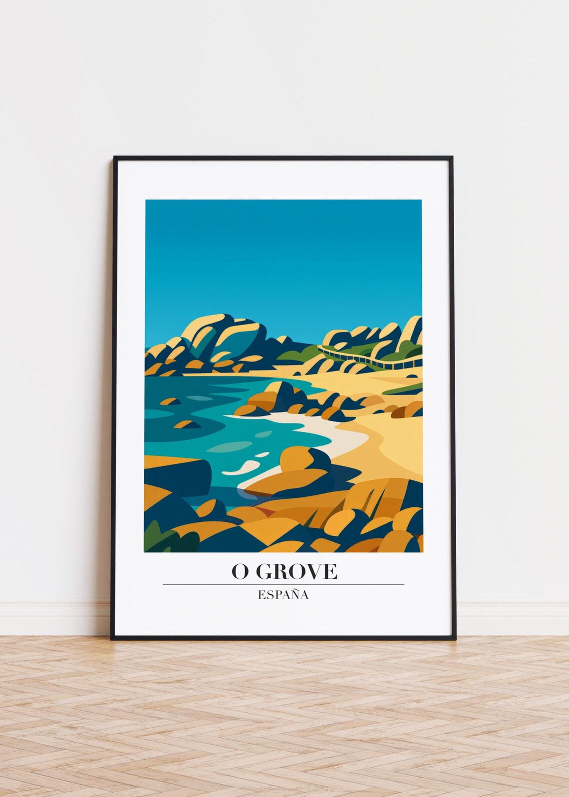 O Grove Espana Rocky Beach Coastline Seaside Travel Illustration Poster