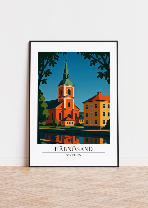 Härnösand Sweden Riverside Church Summer Vintage Travel Poster