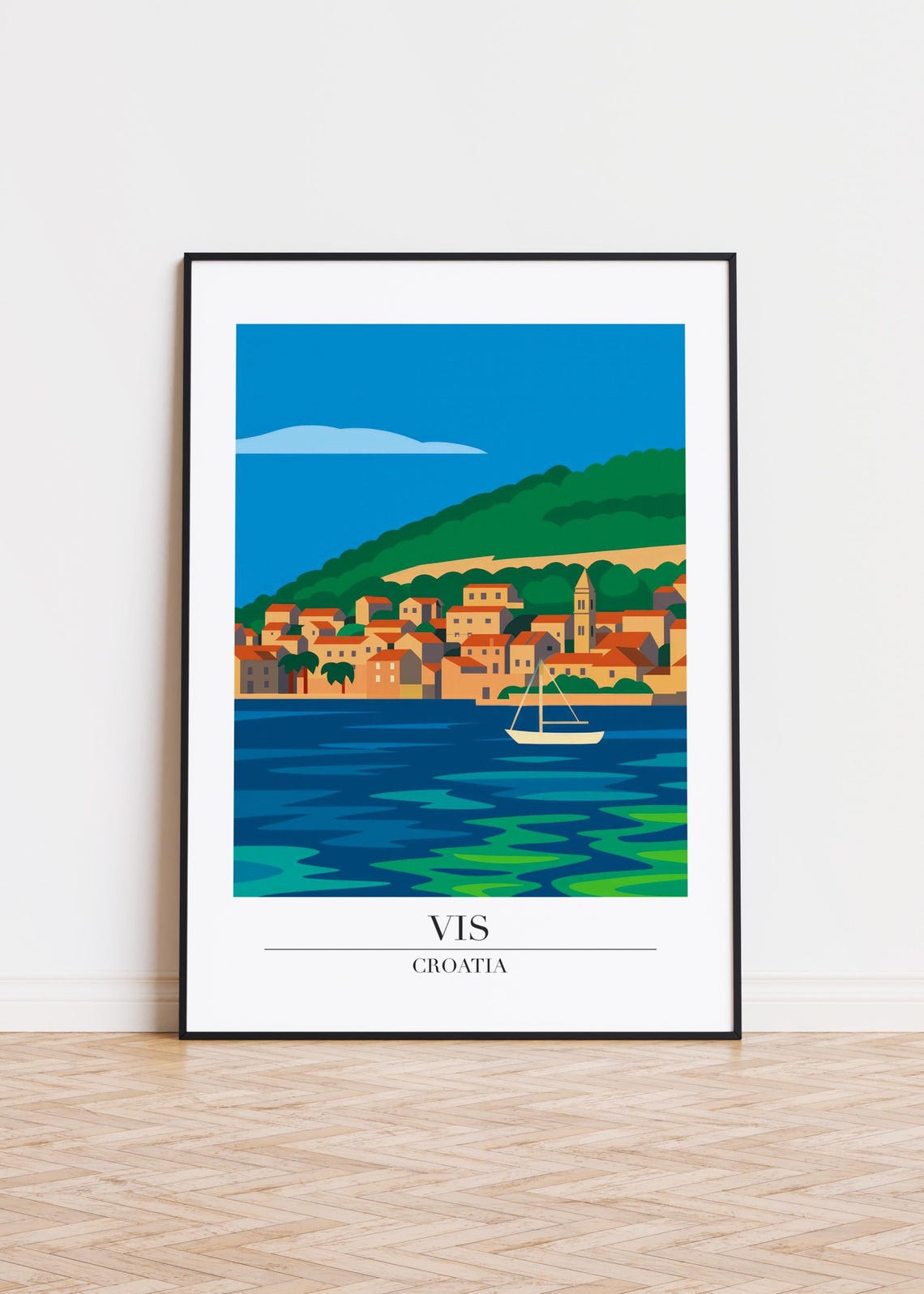 Vis Croatia Waterfront Poster Colorful Town With Sailing Boat